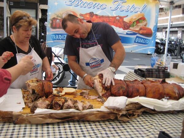 Porchetta at the farmer's market in Garbatella