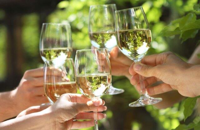 People holding glasses of white wine making a toast